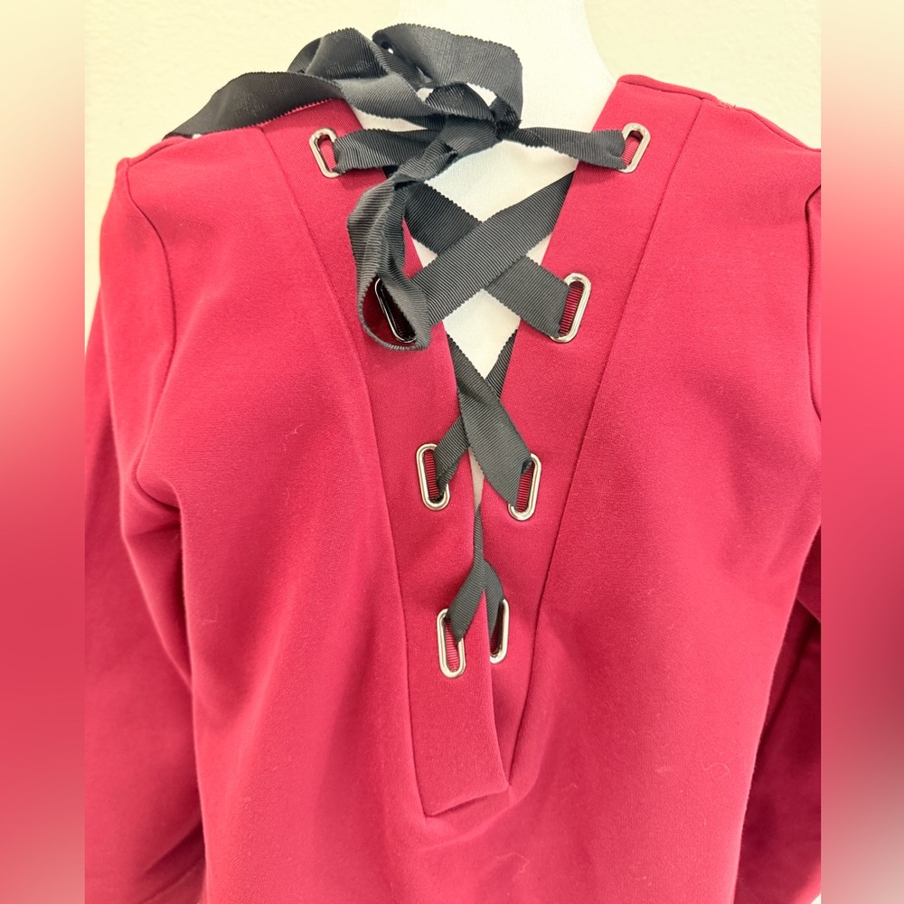 FRNCH Paris Maroon 3/4 Sleeve Top Ribbon Lace-Up Back NWT Women’s Size M/L Work - Picture 8 of 8